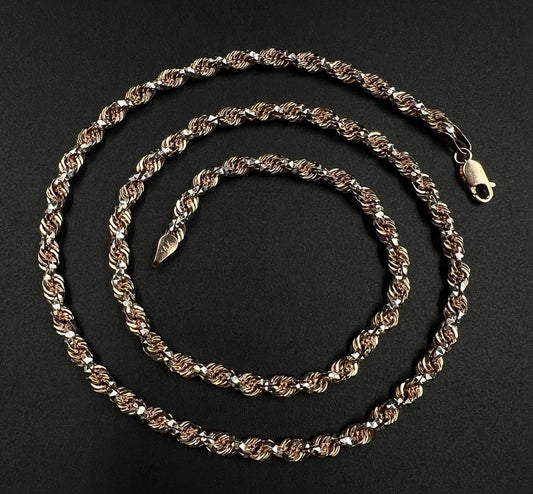 22” 14K Solid Rose Gold Two-Tone Diamond Cut Rope Chain 44.22g | 4.5mm | Lobster