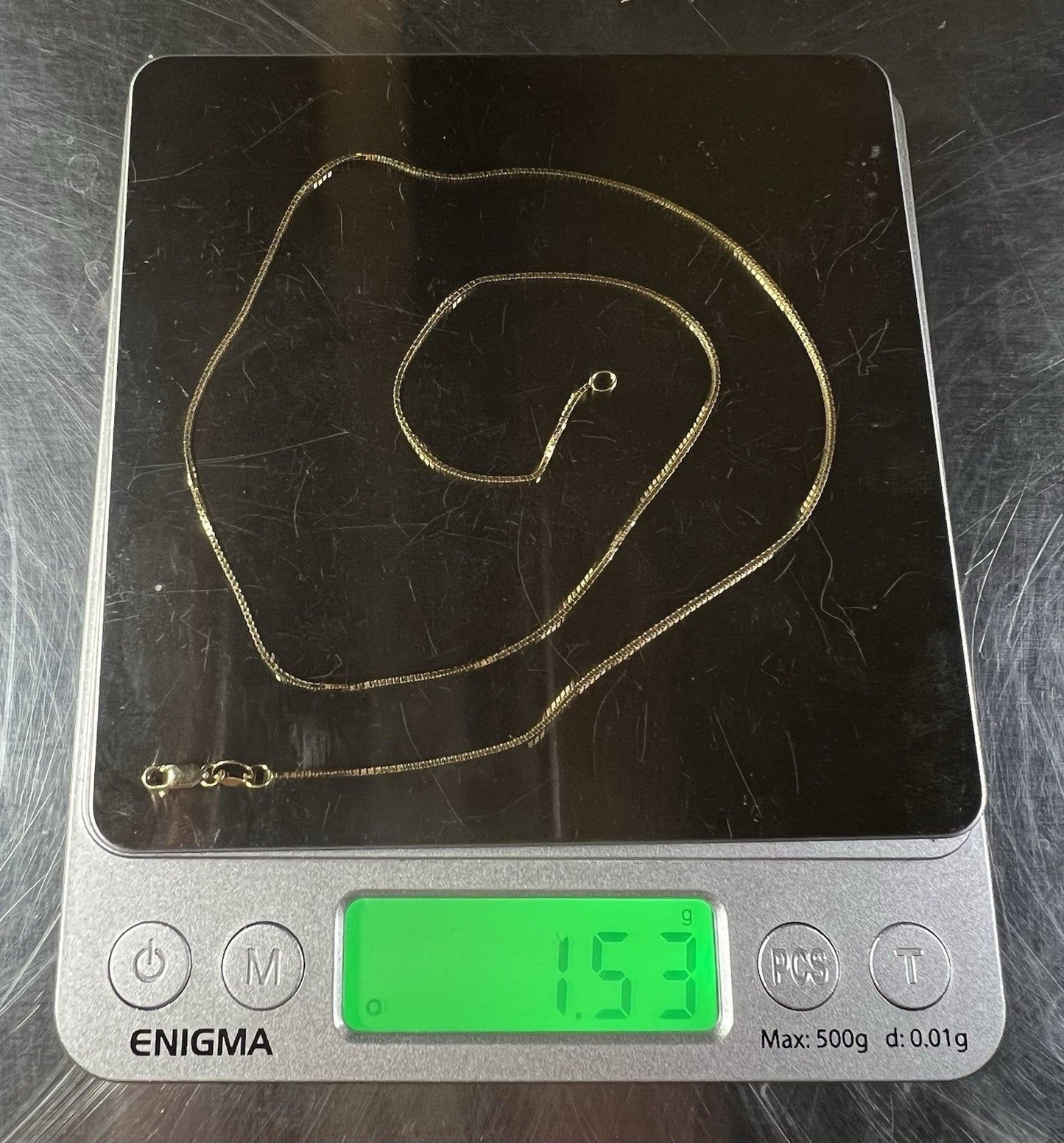 16” 14K Hollow Yellow Gold Box Chain | 1.53g | .8MM | RCI | Indonesia | Lobster