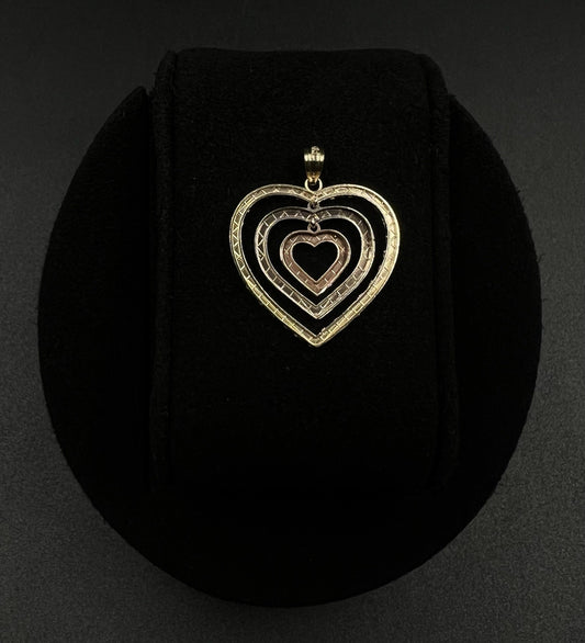 .94” x .94” 10K Semi-Solid Tri-Tone Gold Diamond Cut Heart Pendant 1.66g 3MM