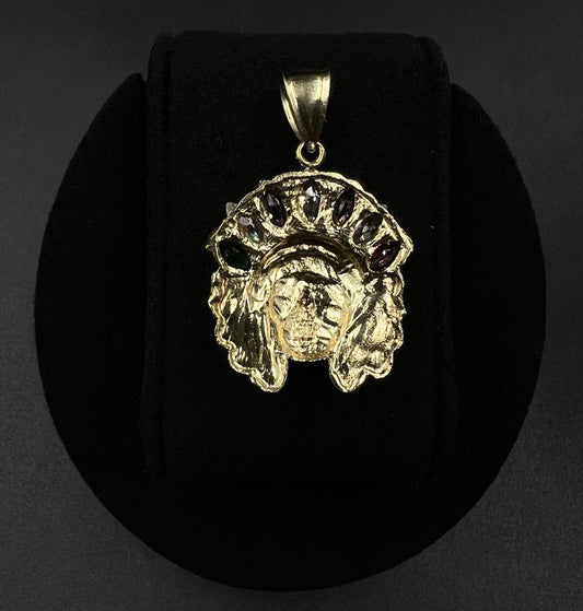 1.57” x 1.10” 10K Semi-Solid Yellow Gold Diamond Cut Indian Chief Pendant | 6.8g