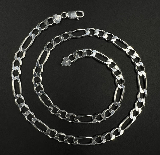 22” 925 Solid Sterling Silver Diamond Cut Figaro Chain | 44.85g | 8MM | Italy |