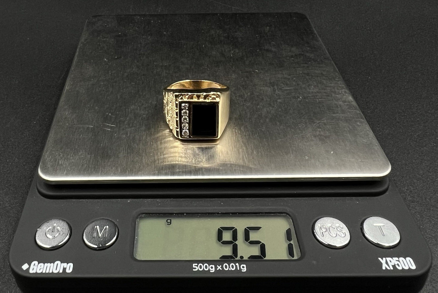 14K Solid Yellow Gold Natural Diamond Onyx Stone Nugget Ring | Size 9 | 9.51g |