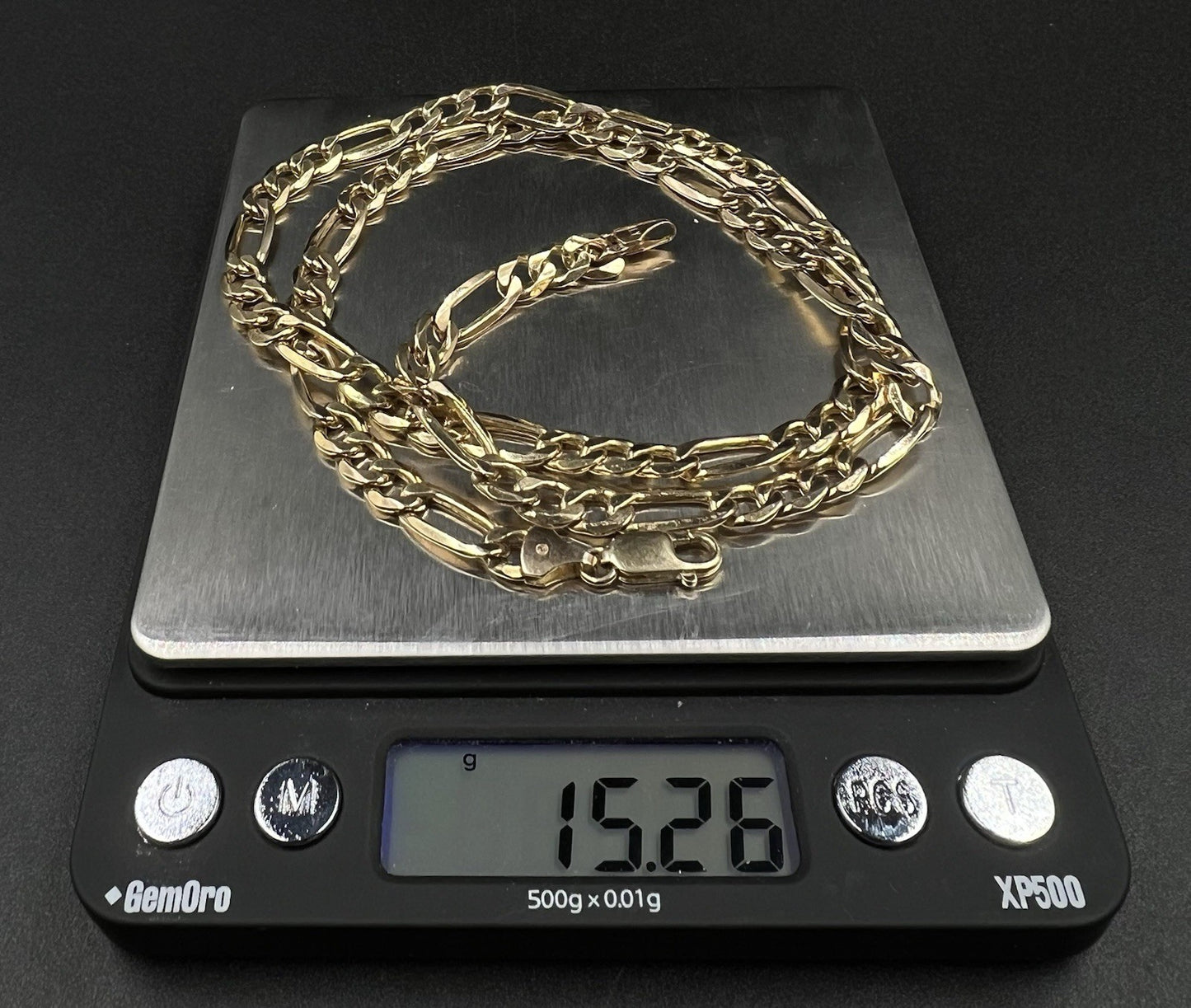 22.5” 10K Semi-Solid Yellow Gold Diamond Cut Figaro Chain | 15.26g | 6.8MM Italy