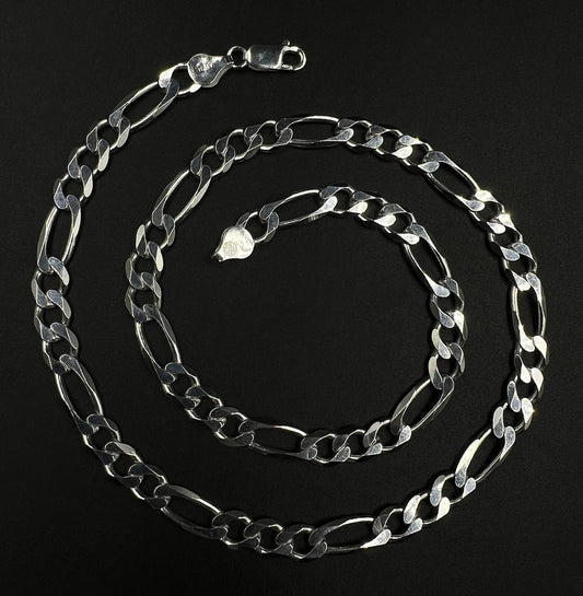 20” 925 Solid Sterling Silver Diamond Cut Figaro Chain 32.1g | 7.4MM | Italy |