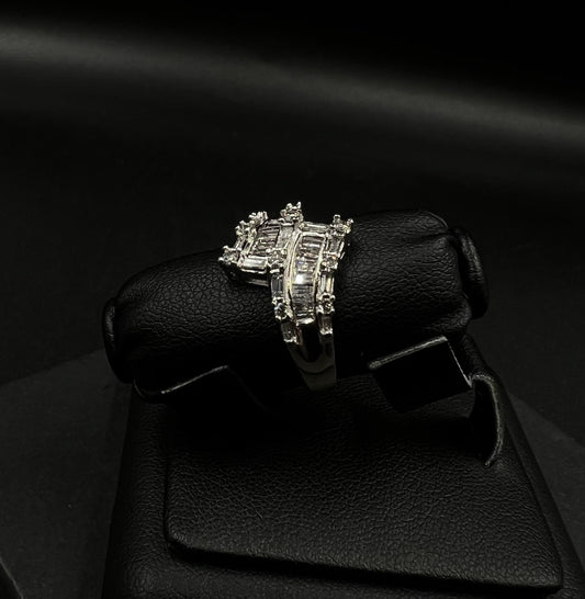 14K Solid White Gold Natural Diamond Baguette Round Cluster Ring Size 7.25 5.87g