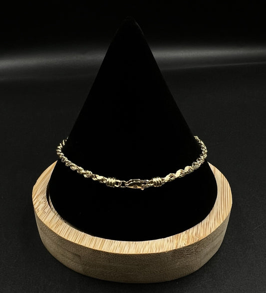 8” 14K Hollow Yellow Gold Diamond Cut Rope Bracelet | 3.62g | 3MM | Lobster |