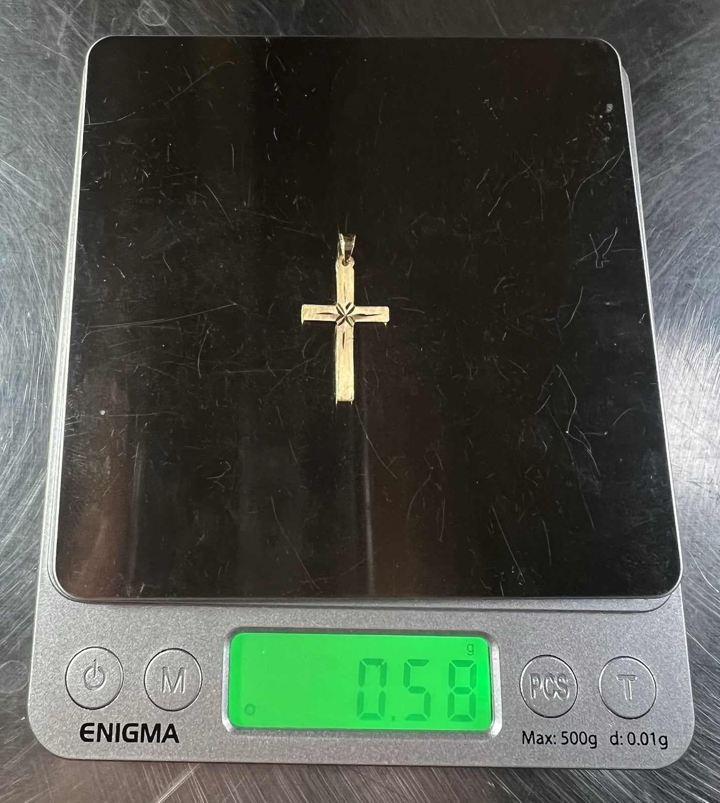 .57” x .98” 14K Hollow Yellow Gold Diamond Cut Cross Pendant | .58g | Fits 3MM |