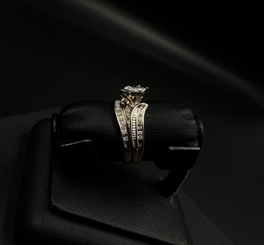 10K Solid Two-Tone Gold Diamond Cut Natural Diamond Bridal Ring Set Size 7 4.2g