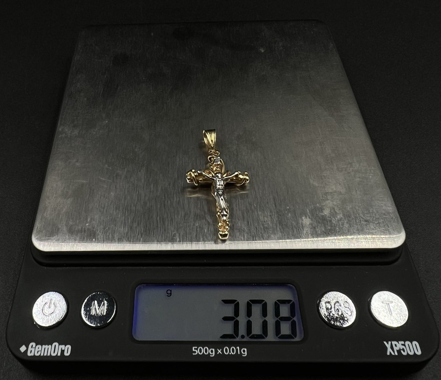.7” x 1.4” 14K Solid Two-Tone Gold Fancy Crucifix Pendant | 3.07g | 3.6mm Bail |