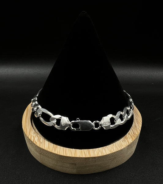 9” 925 Solid Sterling Silver Diamond Cut Figaro Bracelet 25.07g | 9.2mm | Italy