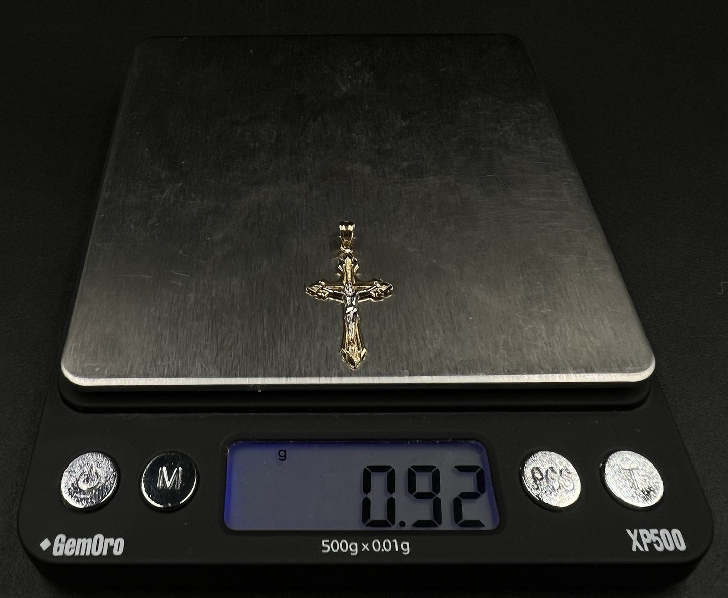 .61” x 1.17” 14K Solid Two-Tone Gold Crucifix Pendant | .91g | 3.5mm Bail |