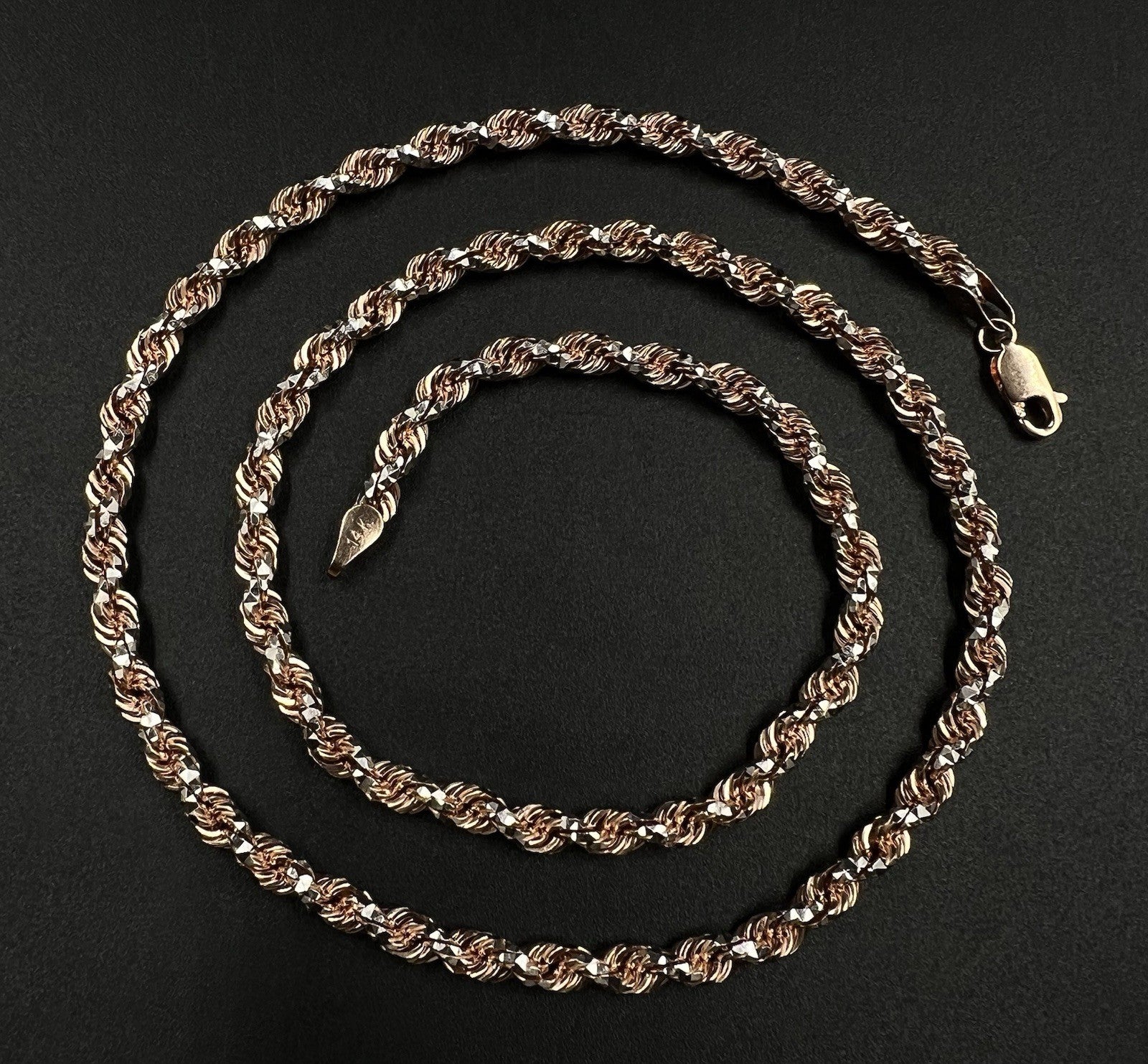 22” 14K Solid Rose Gold Two-Tone Diamond Cut Rope Chain 44.22g | 4.5mm | Lobster
