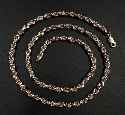 22” 14K Solid Rose Gold Two-Tone Diamond Cut Rope Chain 44.22g | 4.5mm | Lobster