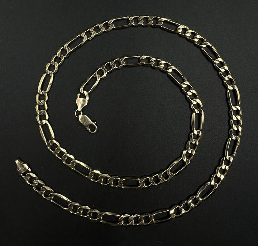 22.5” 10K Semi-Solid Yellow Gold Diamond Cut Figaro Chain | 15.26g | 6.8MM Italy