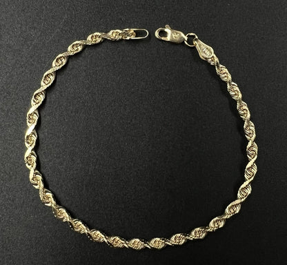 8” 14K Semi-Solid Yellow Gold Diamond Cut Rope Bracelet | 6.24g | 3.5MM | OR |