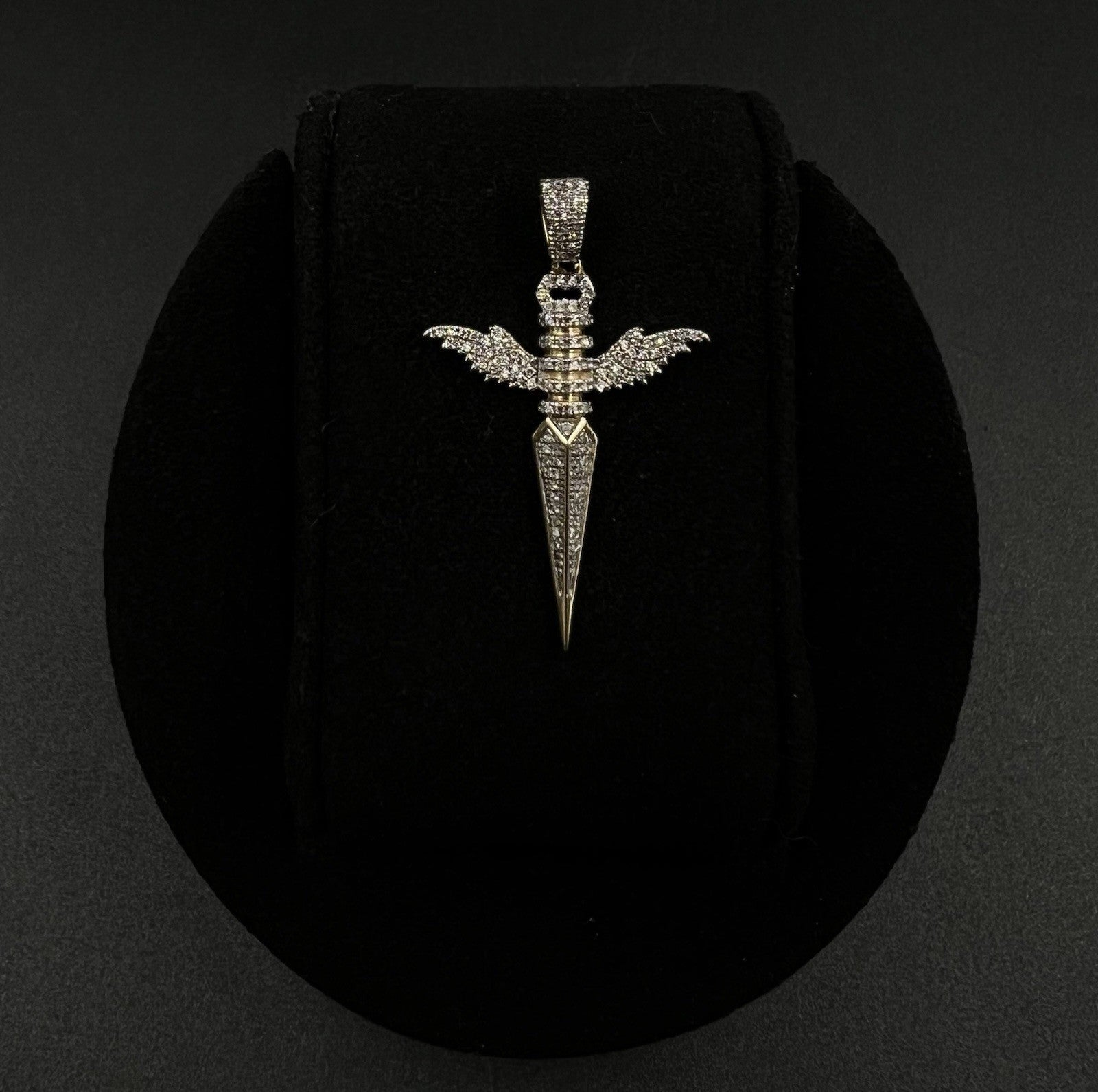 .93” x 1.5” 10K Solid Yellow Gold Natural Diamond Winged Dagger Pendant 3g 4.4MM