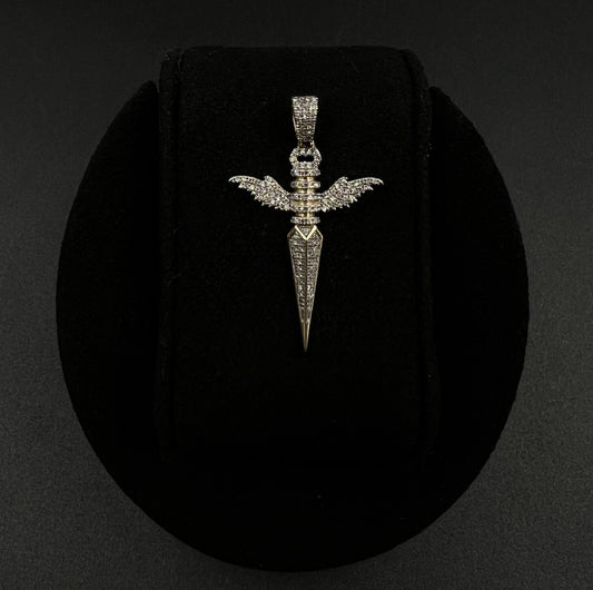 .93” x 1.5” 10K Solid Yellow Gold Natural Diamond Winged Dagger Pendant 3g 4.4MM