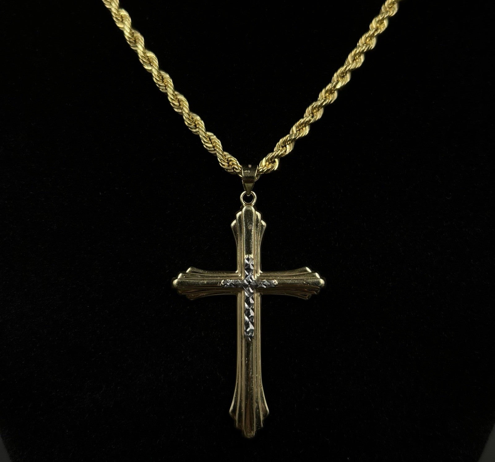 1.19” x 1.95” 10K Hollow Two-Tone Gold Diamond Cut Cross Pendant | 1.71g | 4mm |