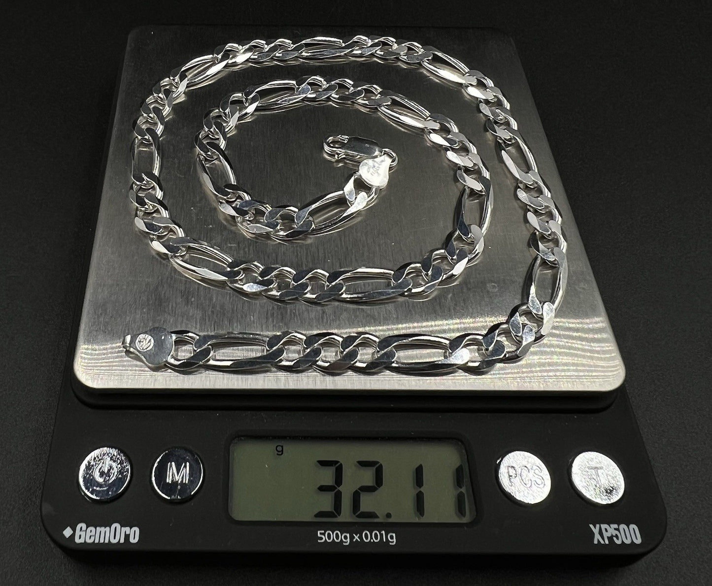 20” 925 Solid Sterling Silver Diamond Cut Figaro Chain 32.1g | 7.4MM | Italy |