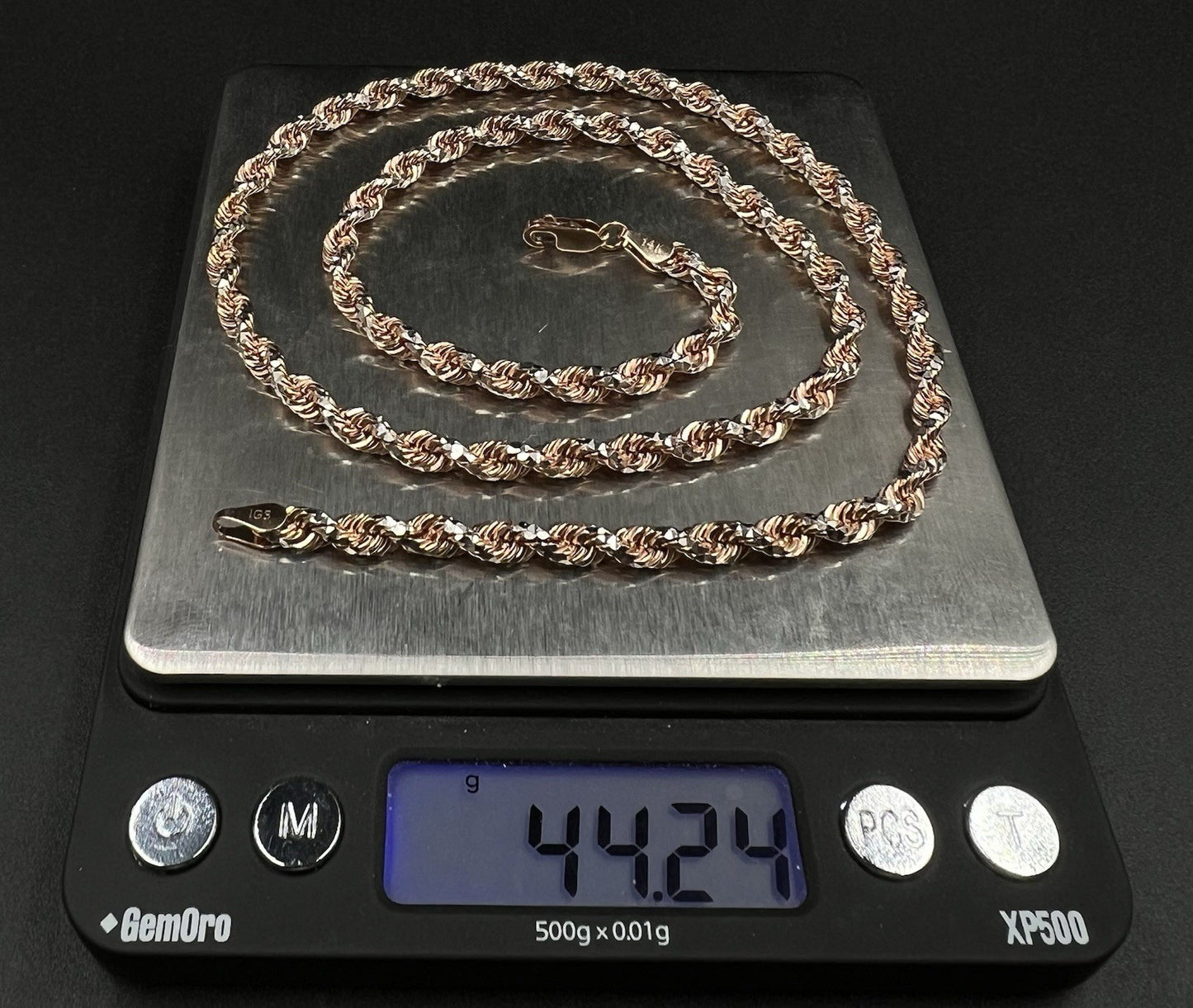 22” 14K Solid Rose Gold Two-Tone Diamond Cut Rope Chain 44.22g | 4.5mm | Lobster