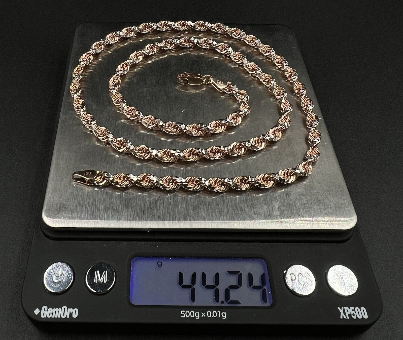 22” 14K Solid Rose Gold Two-Tone Diamond Cut Rope Chain 44.22g | 4.5mm | Lobster