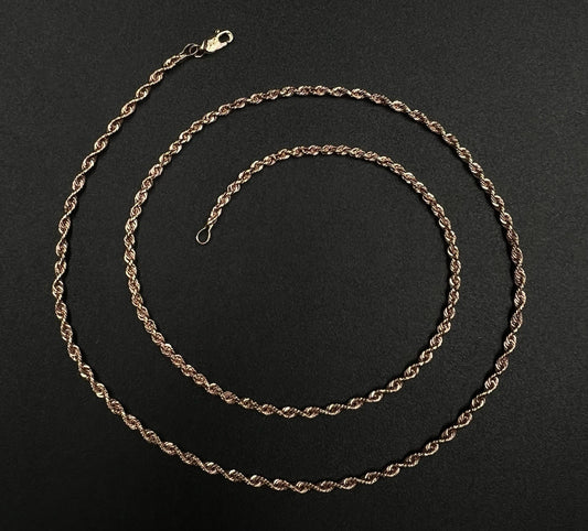 18” 14K Hollow Rose Gold Rope Chain | 1.79g | 2MM | Lobster Clasp |