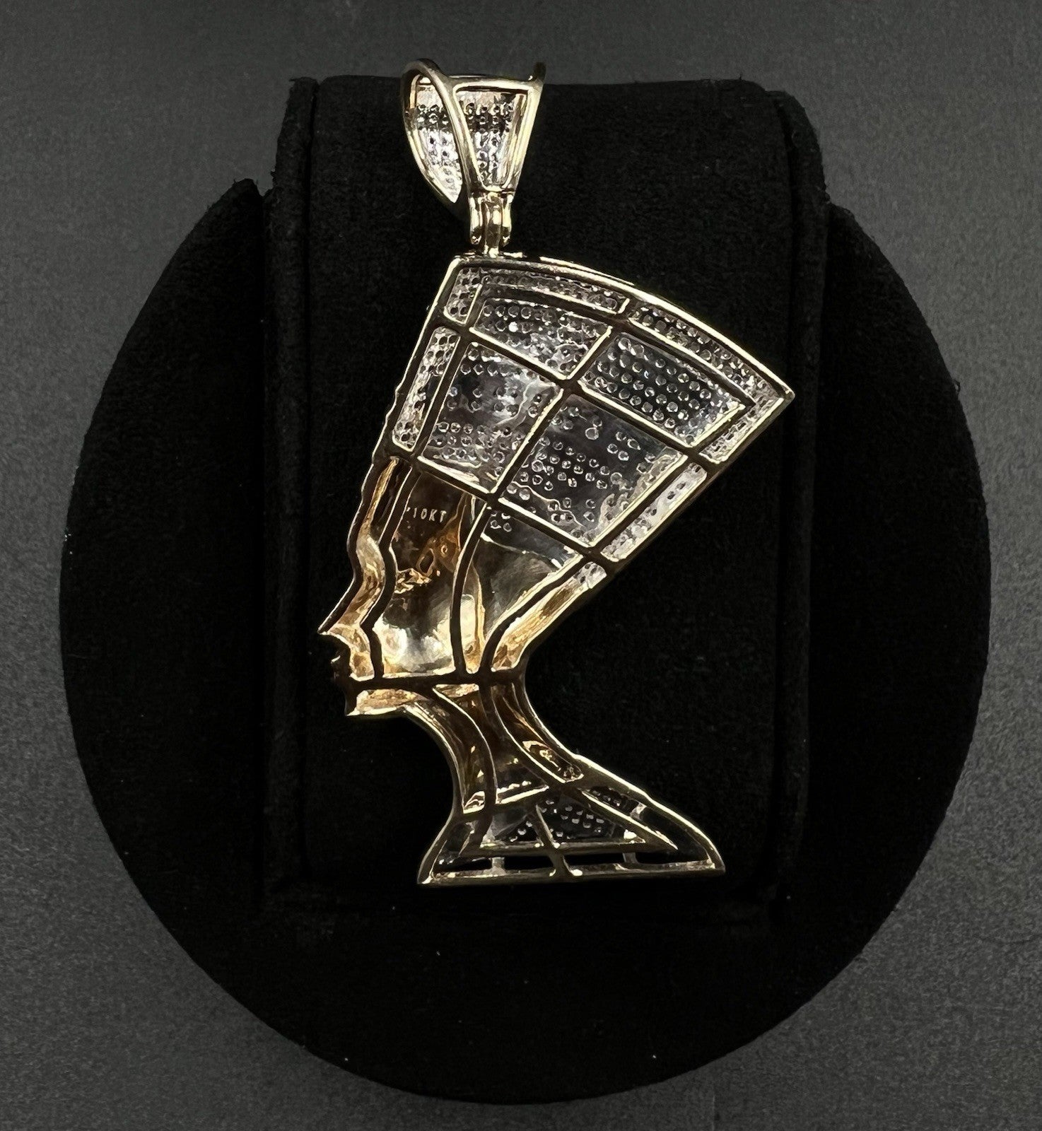 1.28” x 2.52” 10K Semi-Solid Gold Natural Diamond Nefertiti Pendant ~1.5ct 14.5g