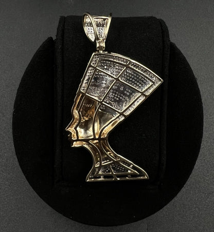 1.28” x 2.52” 10K Semi-Solid Gold Natural Diamond Nefertiti Pendant ~1.5ct 14.5g