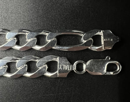 9” 925 Solid Sterling Silver Diamond Cut Figaro Bracelet 25.07g | 9.2mm | Italy