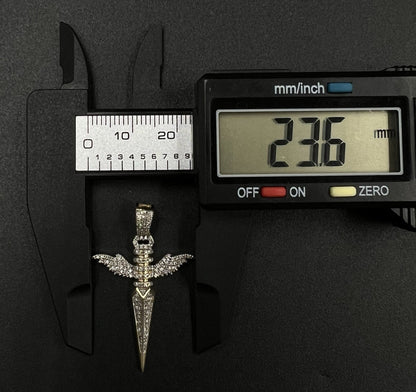 .93” x 1.5” 10K Solid Yellow Gold Natural Diamond Winged Dagger Pendant 3g 4.4MM