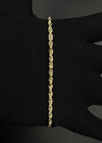 8” 14K Semi-Solid Yellow Gold Diamond Cut Rope Bracelet | 6.24g | 3.5MM | OR |
