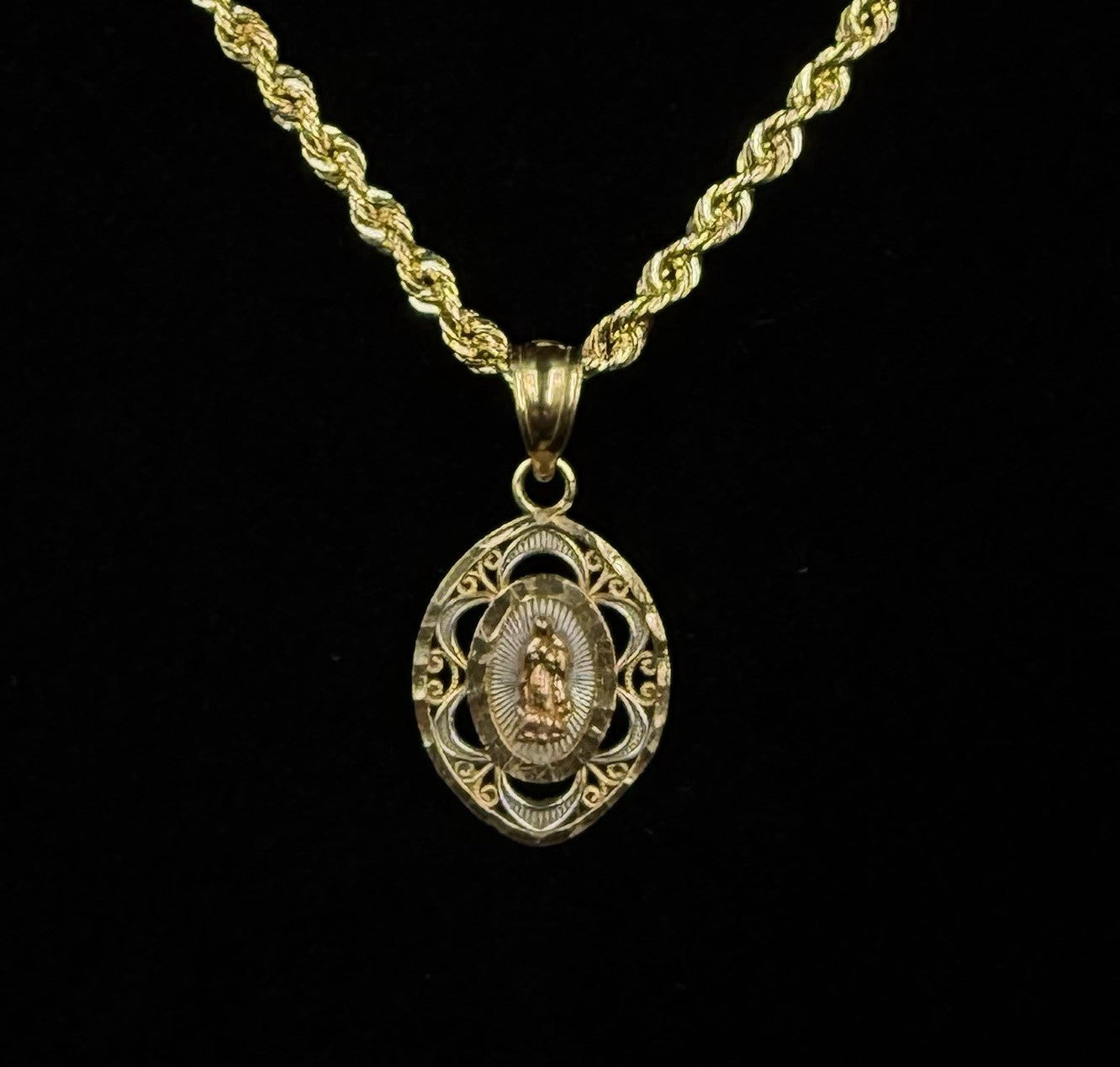 0.42” 14k Tri-tone Diamond Cut Solid Gold Virgin Mary Pendant 1.12g | 3.5mm Bail