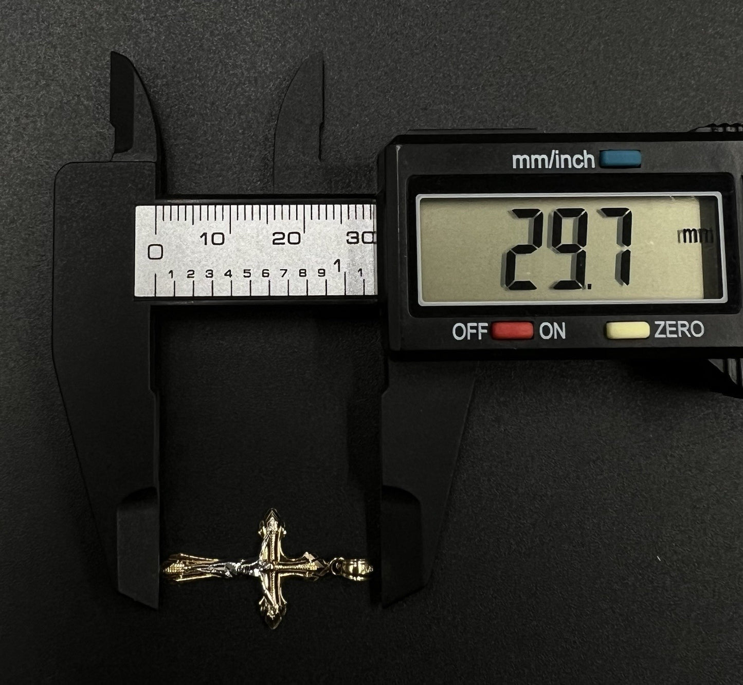 .61” x 1.17” 14K Solid Two-Tone Gold Crucifix Pendant | .91g | 3.5mm Bail |