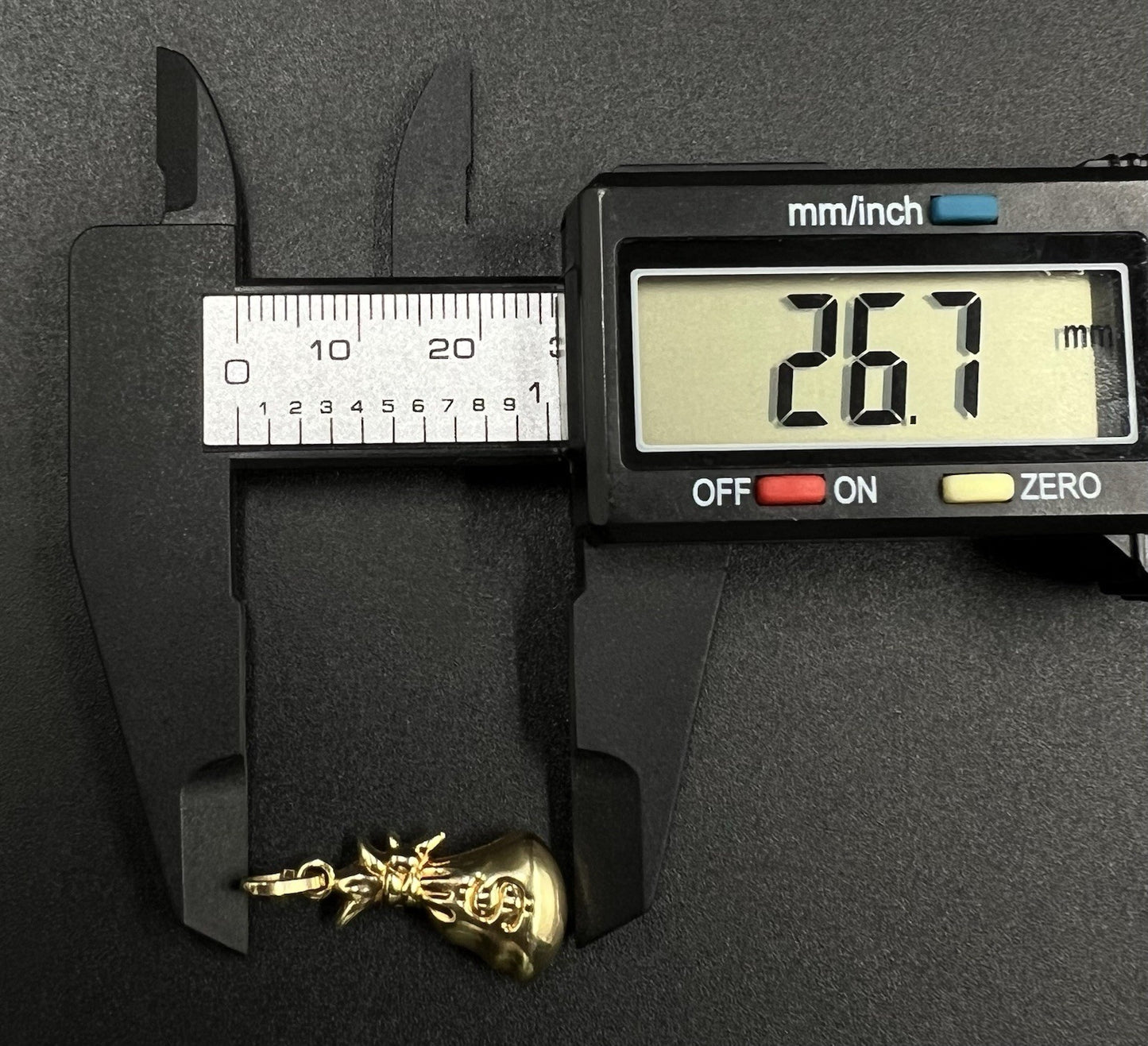 .46” x 1.05” 14K Hollow Yellow Gold Money Bag Pendant | 1.48g | 3.2 x 5.5mm Bail