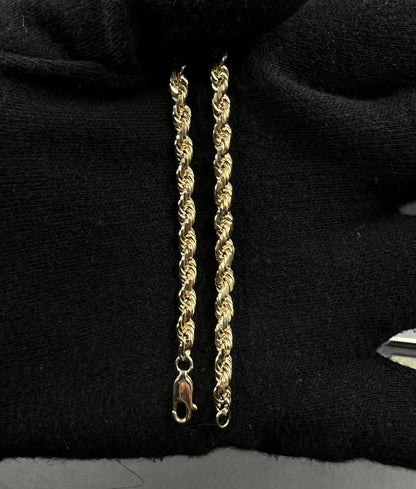 8” 10K Semi-Solid Yellow Gold Diamond Cut Rope Bracelet | 9.16g | 3.8MM Lobster