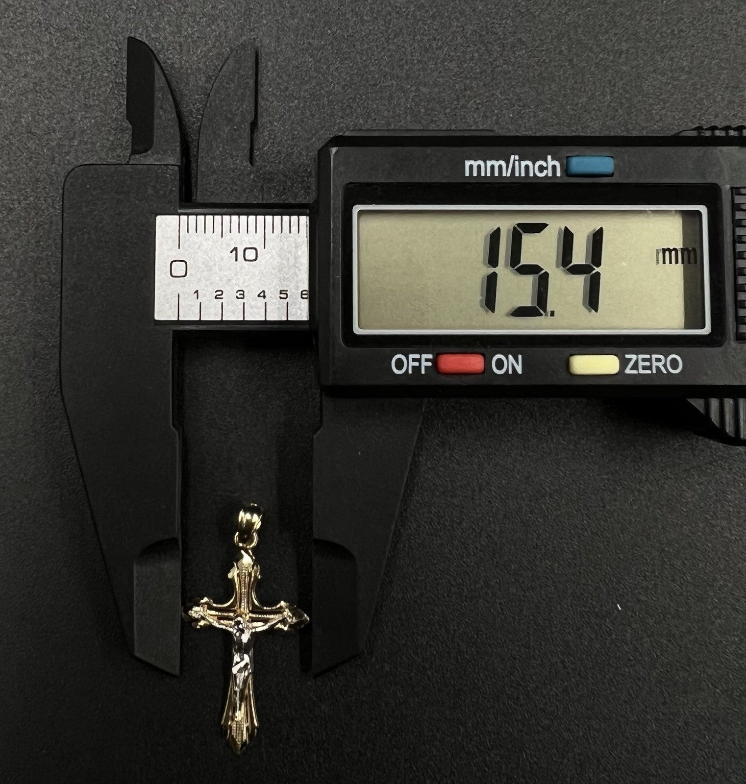 .61” x 1.17” 14K Solid Two-Tone Gold Crucifix Pendant | .91g | 3.5mm Bail |