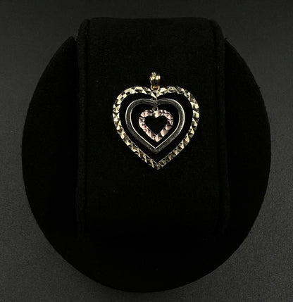 .94” x .94” 10K Semi-Solid Tri-Tone Gold Diamond Cut Heart Pendant 1.66g 3MM