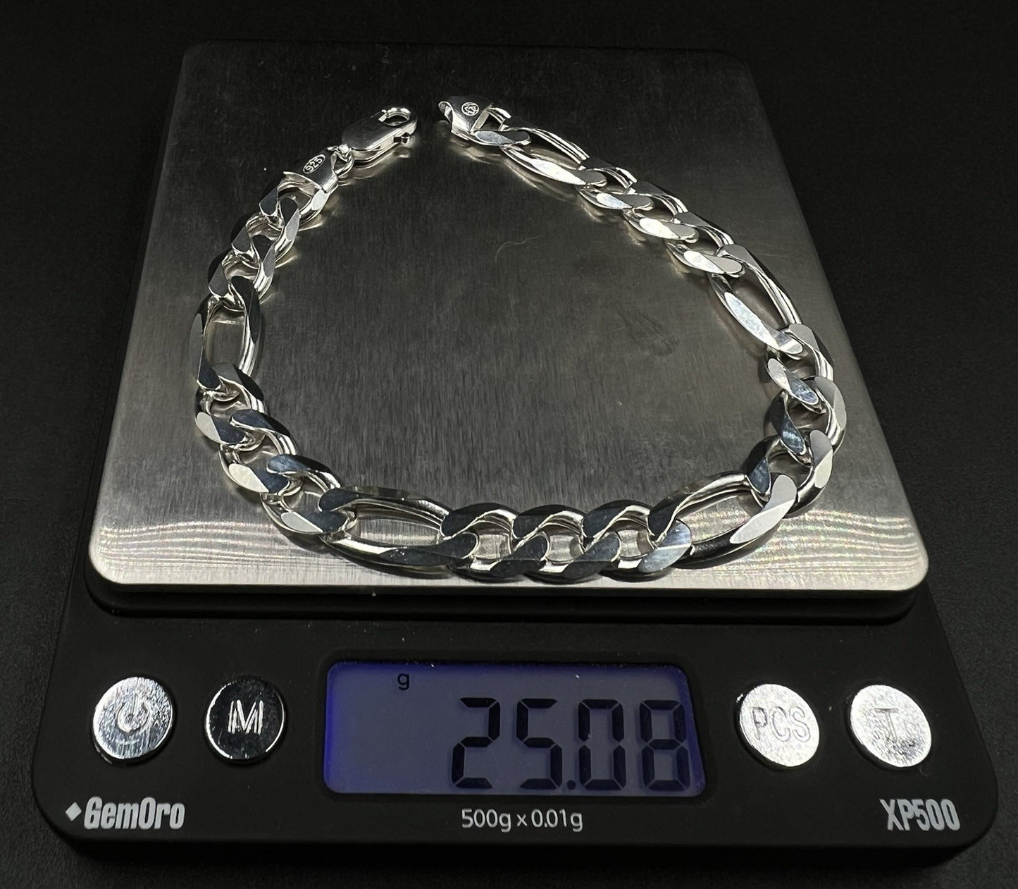 9” 925 Solid Sterling Silver Diamond Cut Figaro Bracelet 25.07g | 9.2mm | Italy