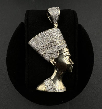 1.28” x 2.52” 10K Semi-Solid Gold Natural Diamond Nefertiti Pendant ~1.5ct 14.5g
