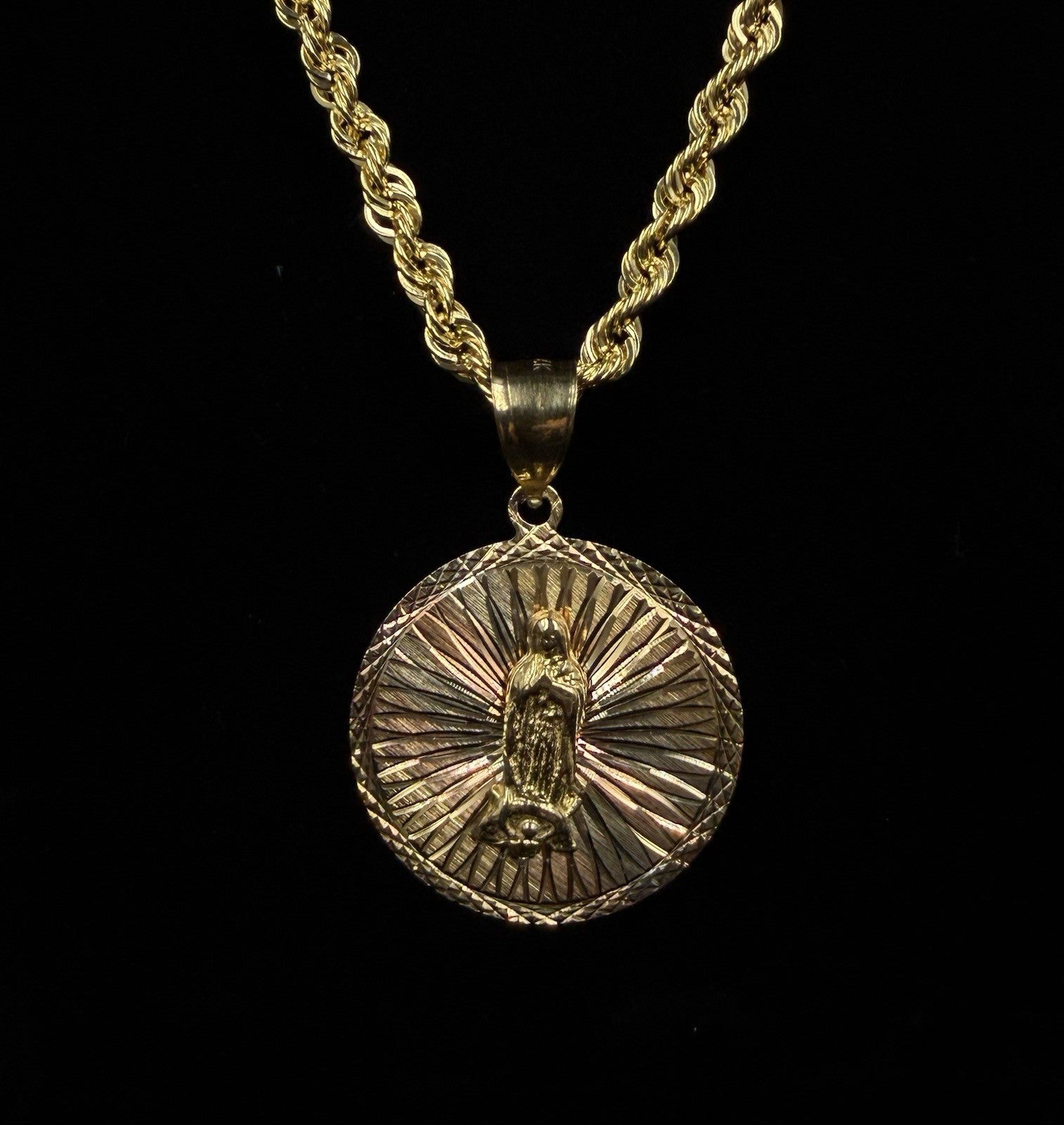 1.18” 14K Solid Tri-Tone Gold Virgin Mary Medallion Pendant | 6.91g | 6.8mm Bail