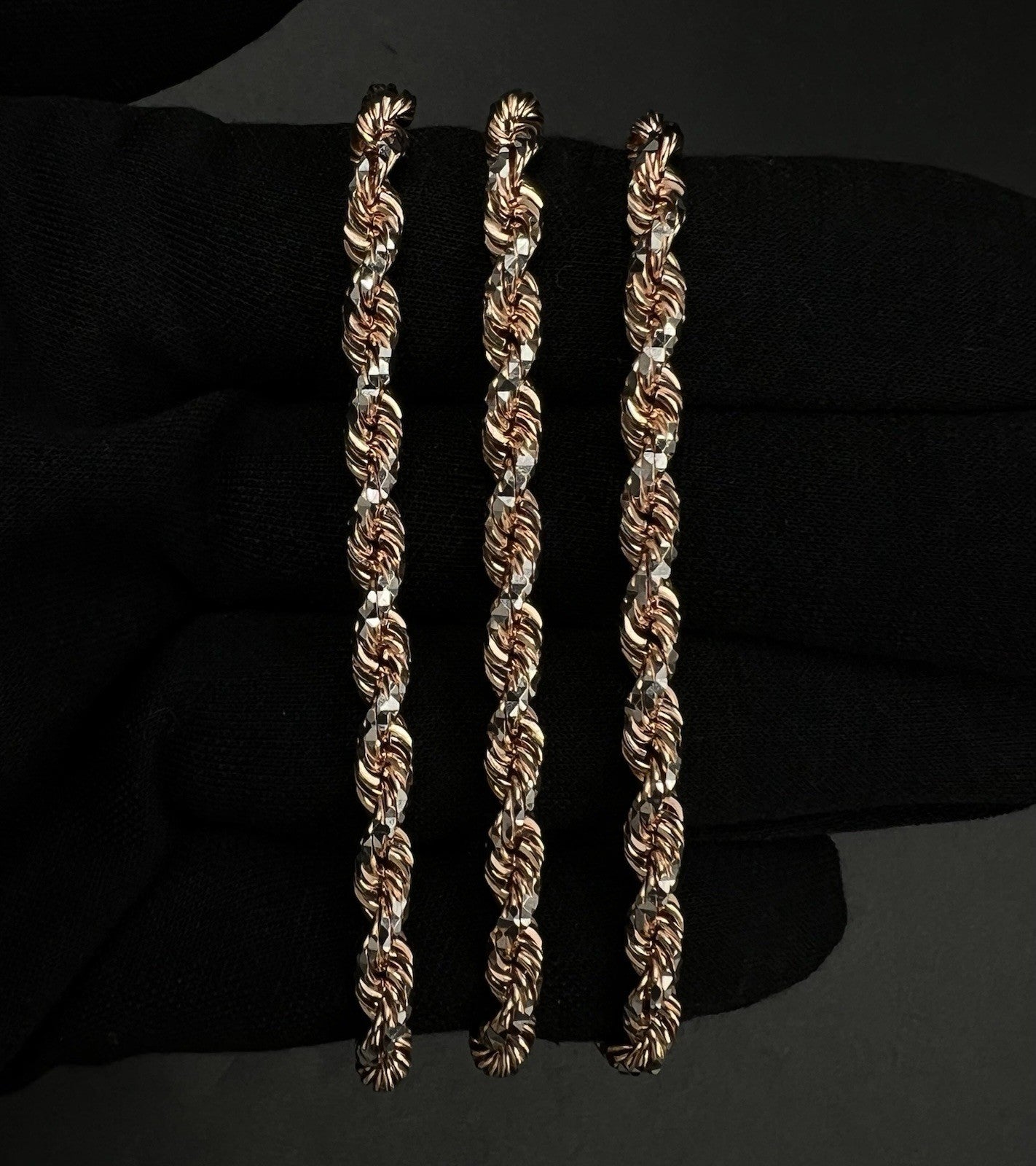 22” 14K Solid Rose Gold Two-Tone Diamond Cut Rope Chain 44.22g | 4.5mm | Lobster