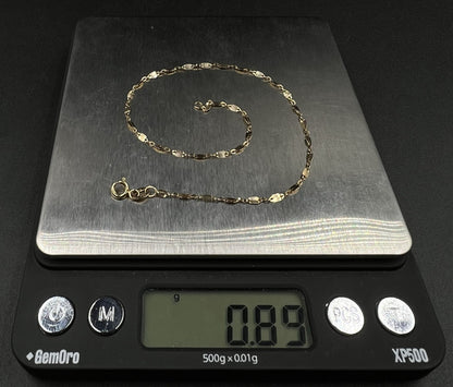 9.75” 10K Hollow Yellow Gold Fancy Link Anklet | .89g | 1.9MM | Italy | Lobster