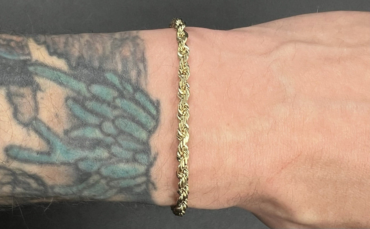 8” 10K Semi-Solid Yellow Gold Diamond Cut Rope Bracelet | 9.16g | 3.8MM Lobster