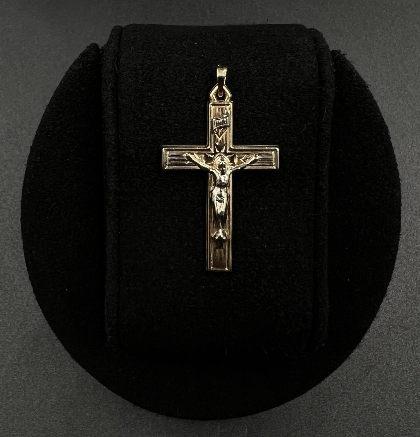 .85” x 1.4” 14K Hollow Two-Tone Gold Crucifix Pendant | 1.66g | 2.5MM Bail |