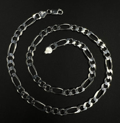 20” 925 Solid Sterling Silver Diamond Cut Figaro Chain 32.1g | 7.4MM | Italy |