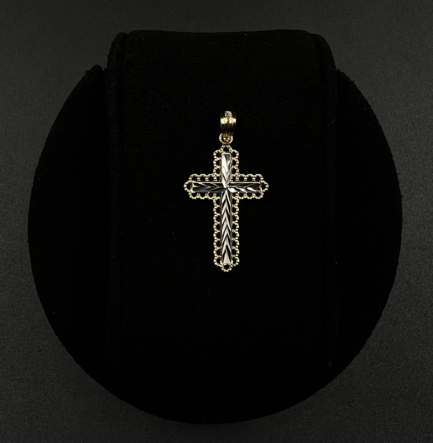 .61” x 1” 14K Semi-Solid Two-Tone Gold Diamond Cut Cross Pendant 1.07g 3MM Bail