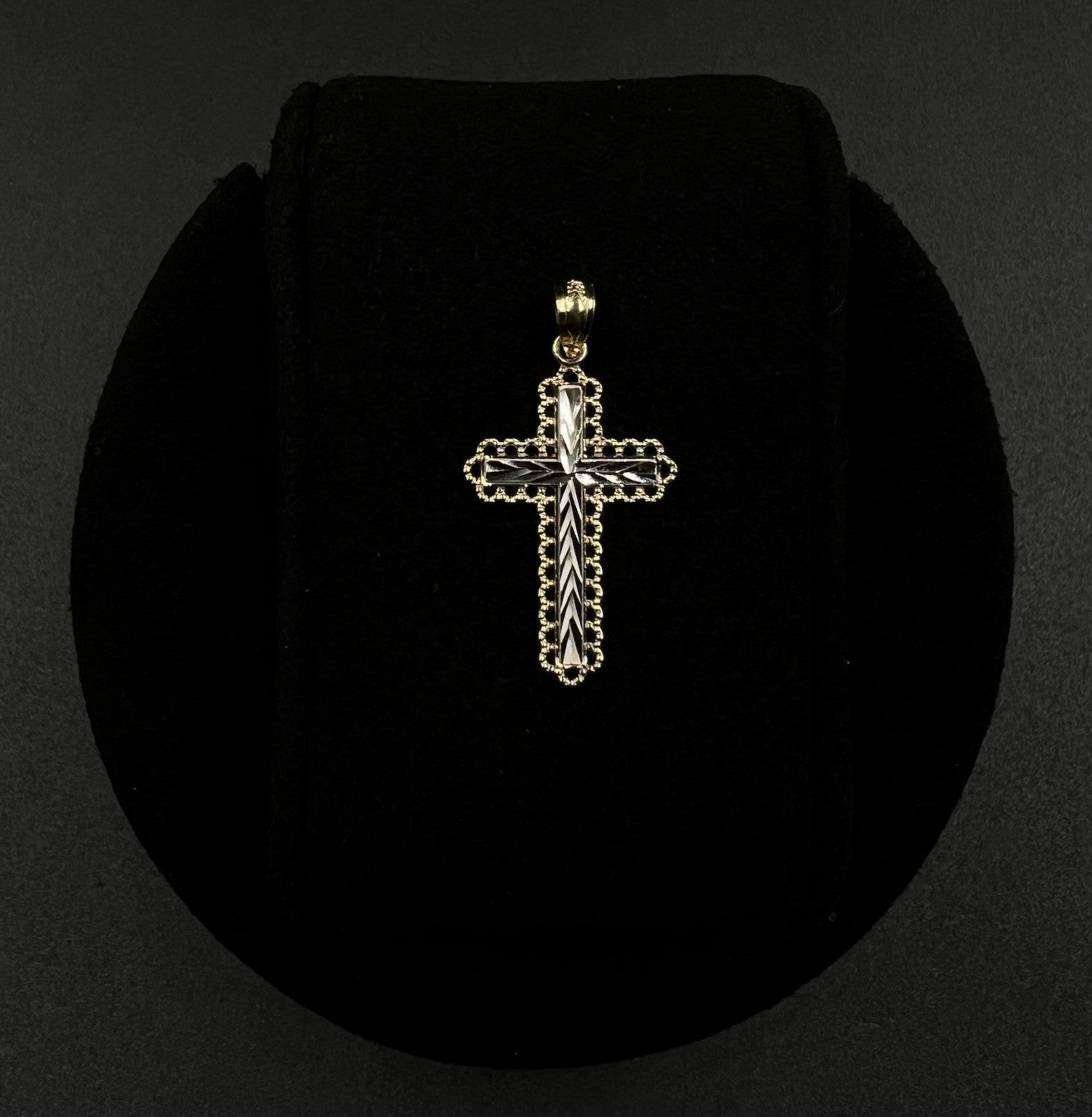.61” x 1” 14K Semi-Solid Two-Tone Gold Diamond Cut Cross Pendant 1.07g 3MM Bail