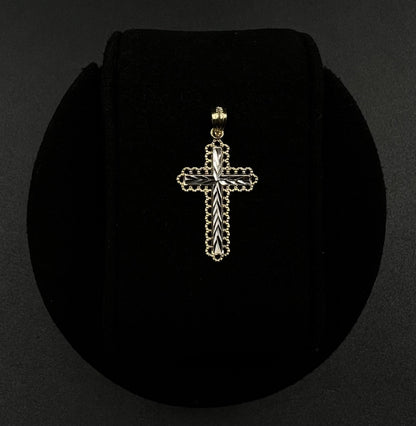 .61” x 1” 14K Semi-Solid Two-Tone Gold Diamond Cut Cross Pendant 1.07g 3MM Bail