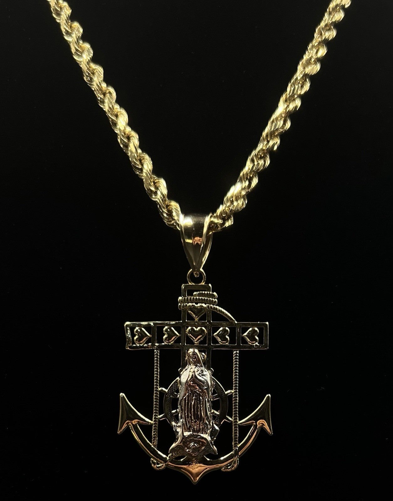 2.36” x 1.42” 10K SemiSolid Tri-Tone Gold Virgin Mary Anchor Cross Pendant 9.62g