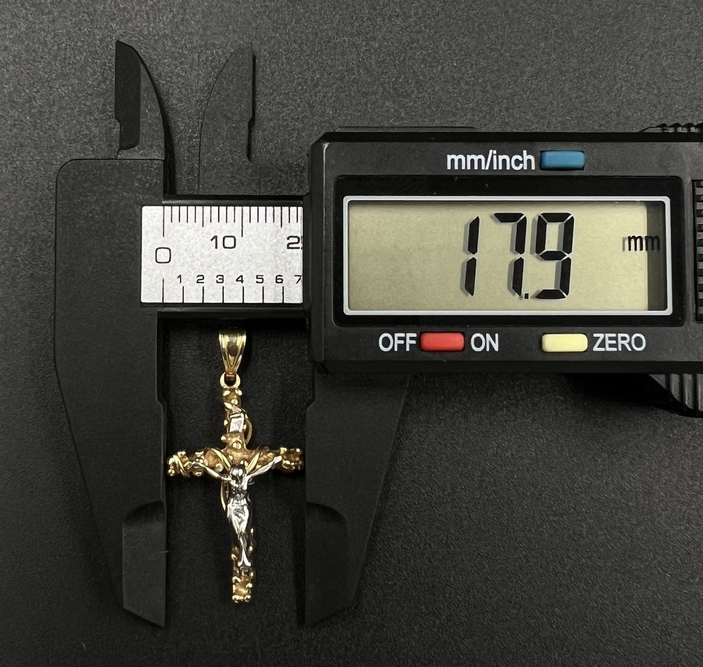.7” x 1.4” 14K Solid Two-Tone Gold Fancy Crucifix Pendant | 3.07g | 3.6mm Bail |